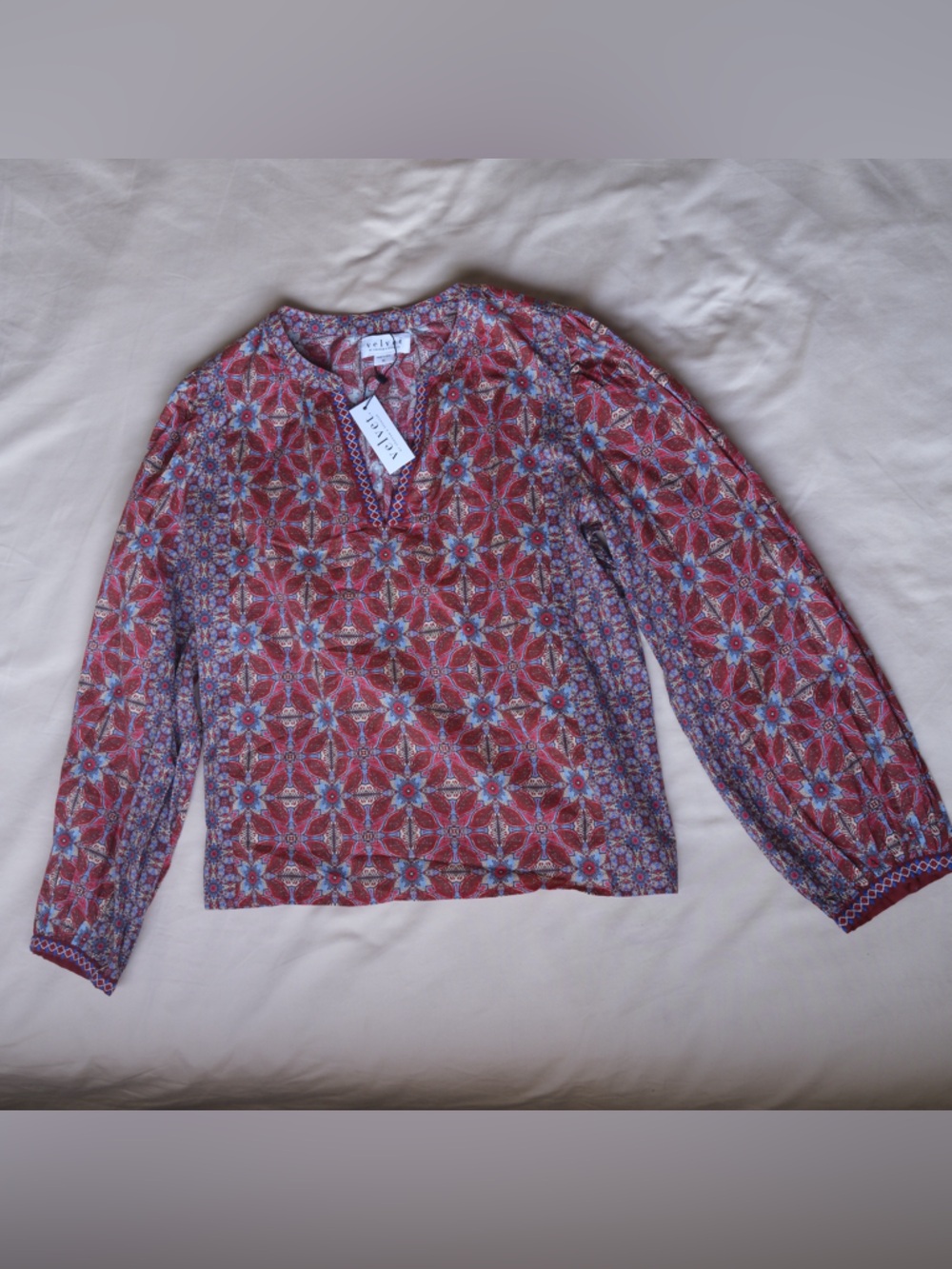 Velvet by Graham & Spencer Red and Blue Printed V-Neck Blouse